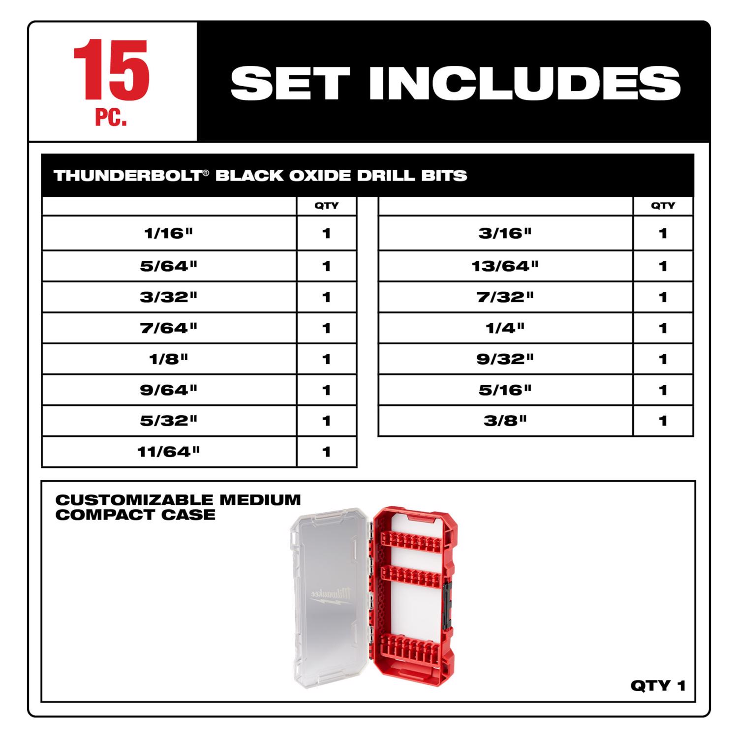 MW Thunderbolt Black Oxide Drill Bit Set 15 pc