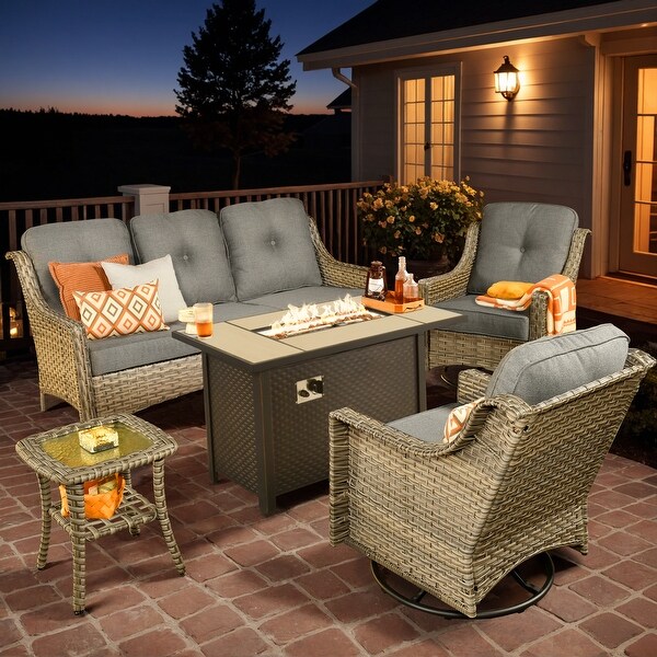 XIZZI Outdoor Rattan Wicker Patio Furniture Conversation Set with Fire Pit Table