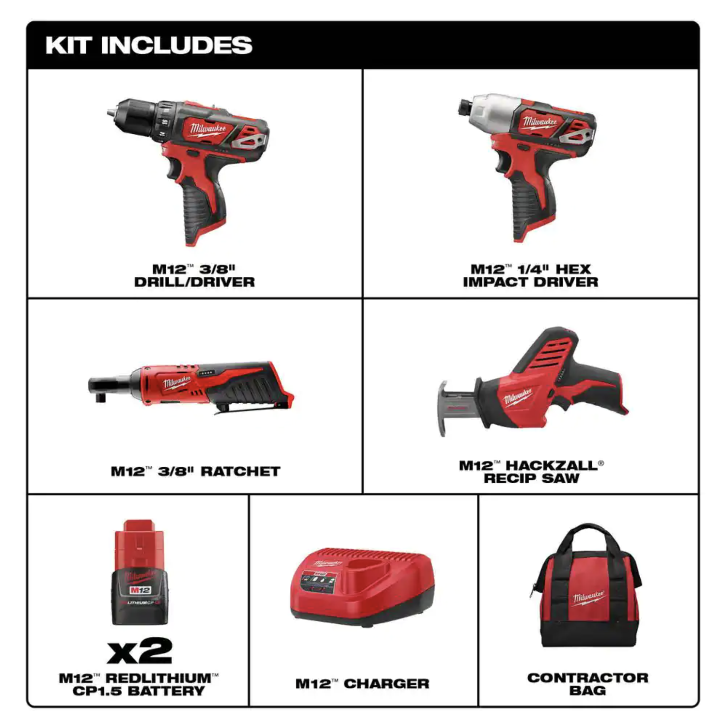 Milwaukee M12 12V Lithium-Ion Cordless Drill Driver/Impact Driver/Ratchet Combo Kit (3-Tool) w/ M12 Hackzall Reciprocating Saw