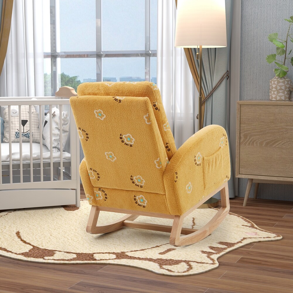 Modern Rocking Chair for Nursery  Mid Century Accent Rocker Armchair With Side Pocket  Upholstered High Back