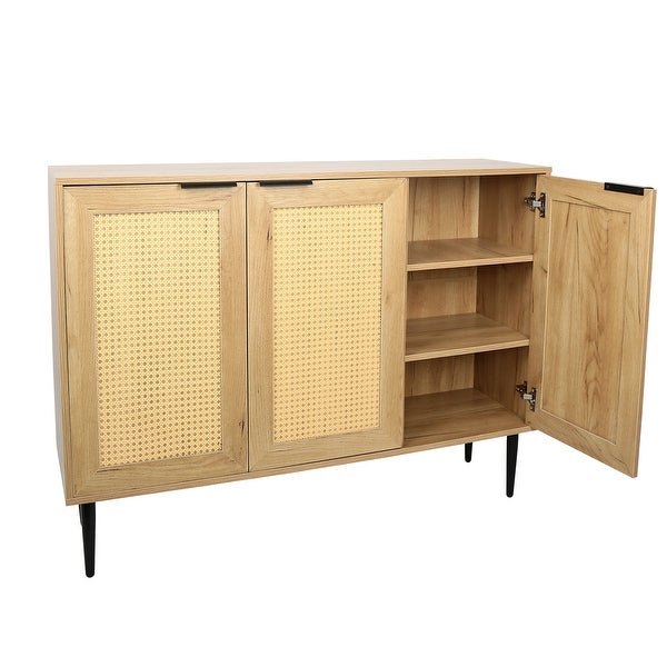 Wooden Kitchen Storage Cabinet with 3 Rattan Doors and Metal Legs