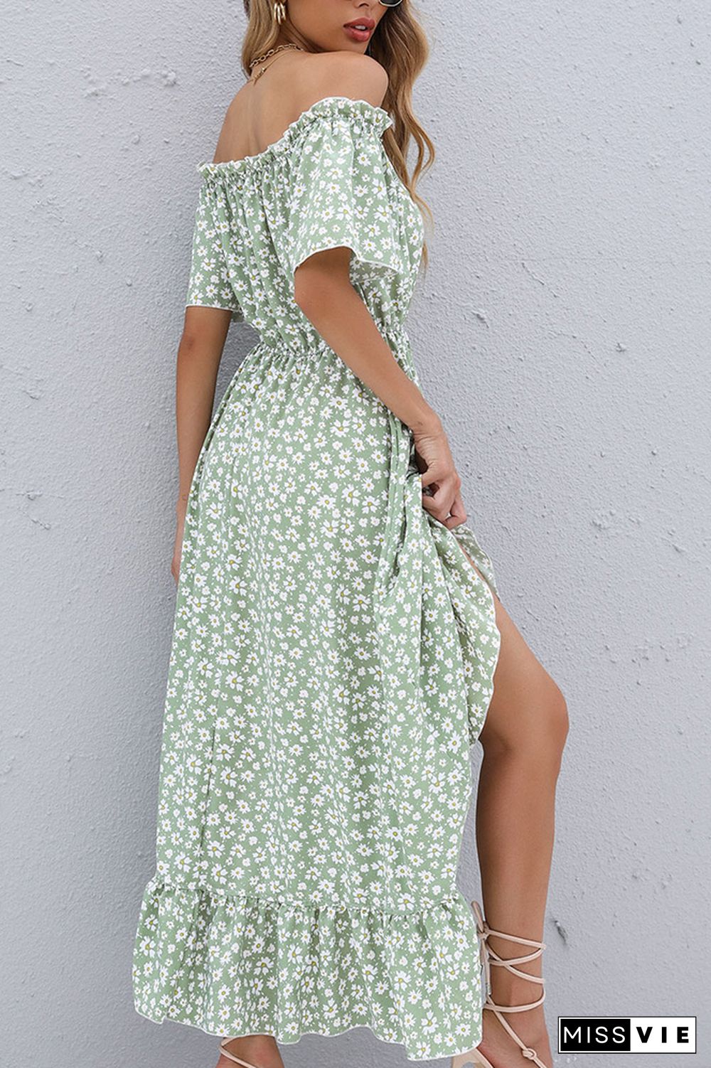 Off Shoulder Ruffled Floral Print Button Dress Wholesale