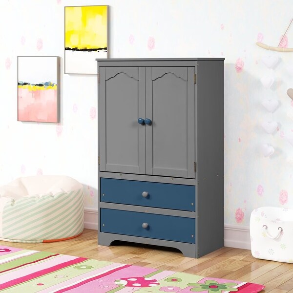 Cute Children's Wardrobe Side Cabinet 2 Doors with 1 Clothes Rail， 1 Shelf， 2 Drawers， Anti-Falling Hardware - - 36073581