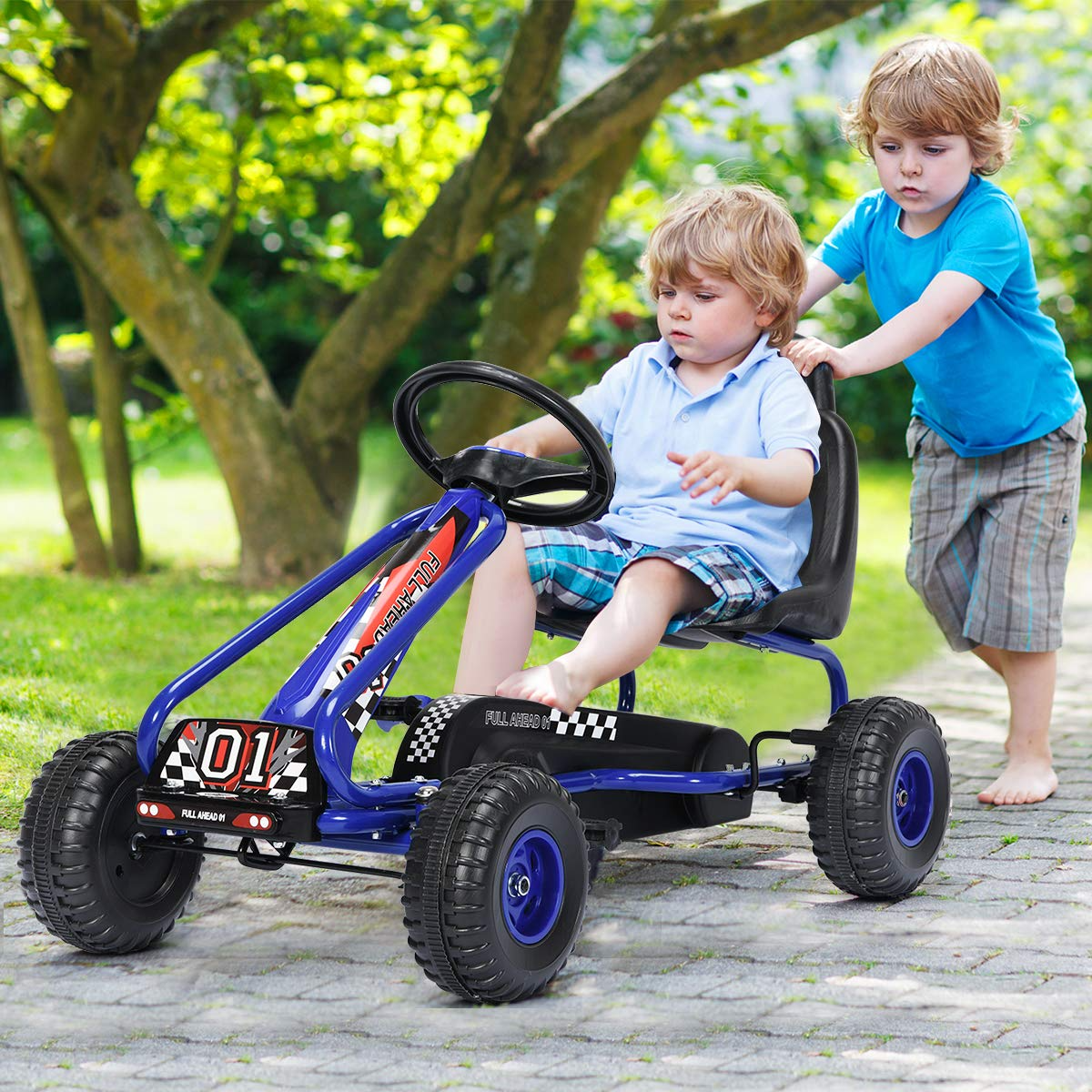 Costzon Kids Pedal Go Kart, 4 Wheel Pedal Powered Ride On Toys, Outdoor Racer Pedal Car with Adjustable Seat