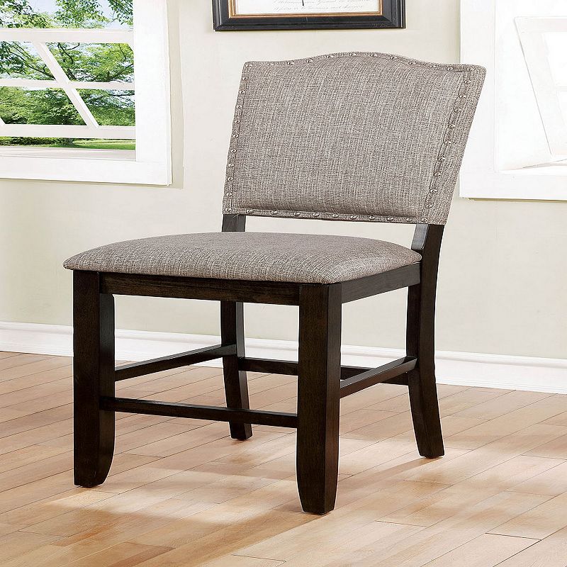 Fabric Upholstered Wooden Counter Height Chair with Camelback， Pack of Two， Gray and Brown