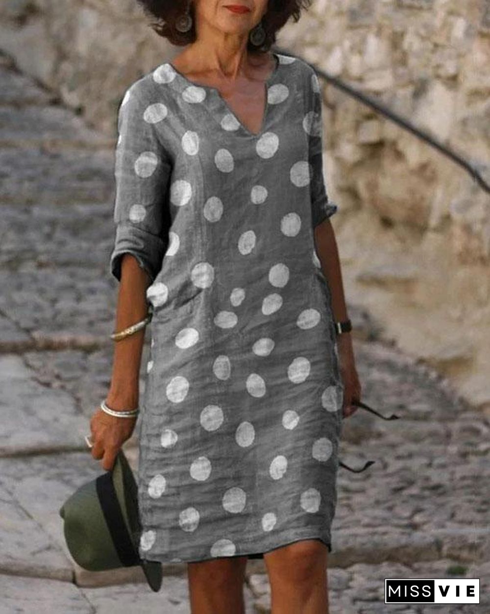 Ladies V-neck Printed Casual Shift Dress