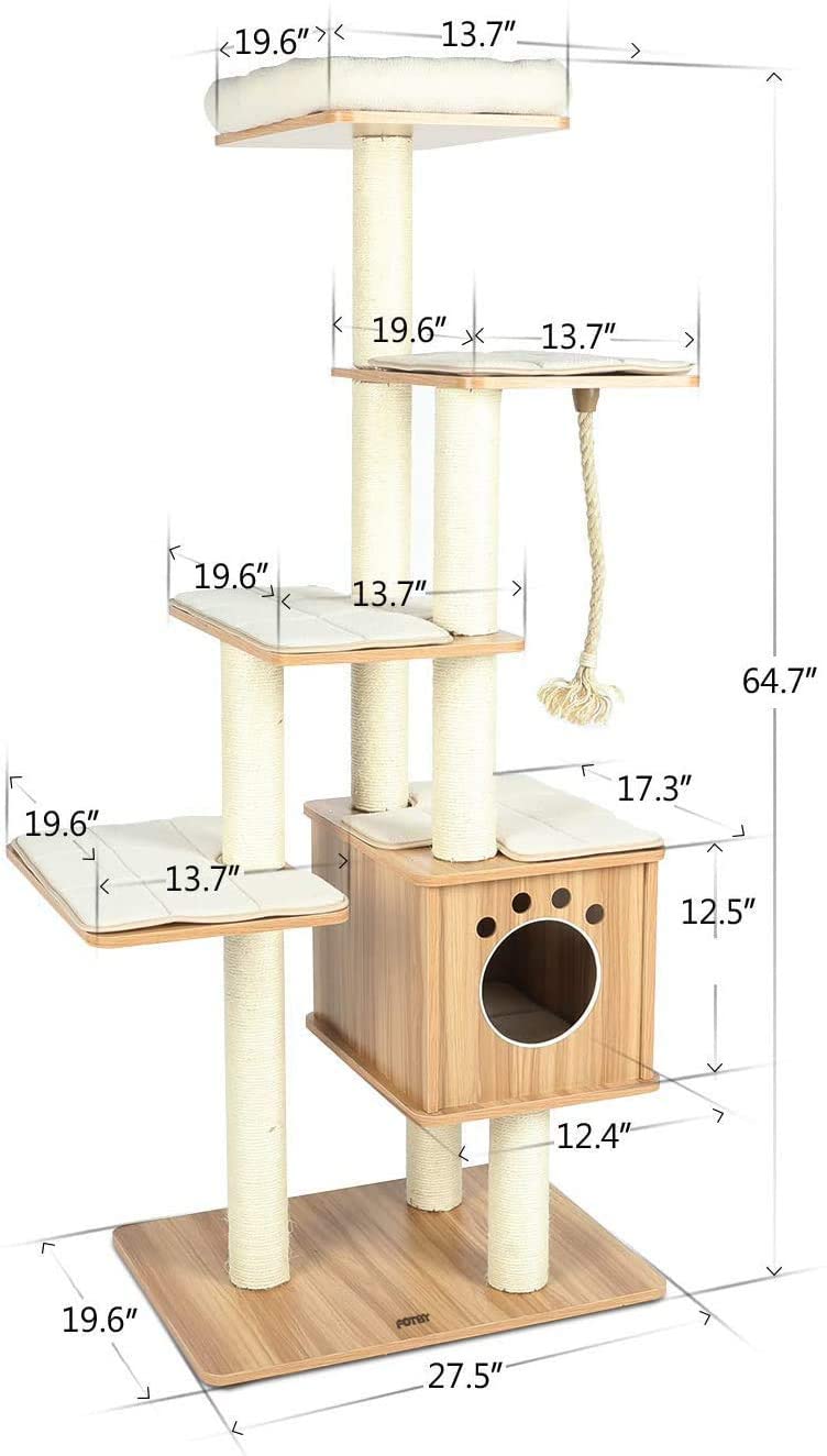 LAZY BUDDY 67'' Cat Tree Condo Multi-Level Wood Cat Tower with Scratching Post， Washable Cushion