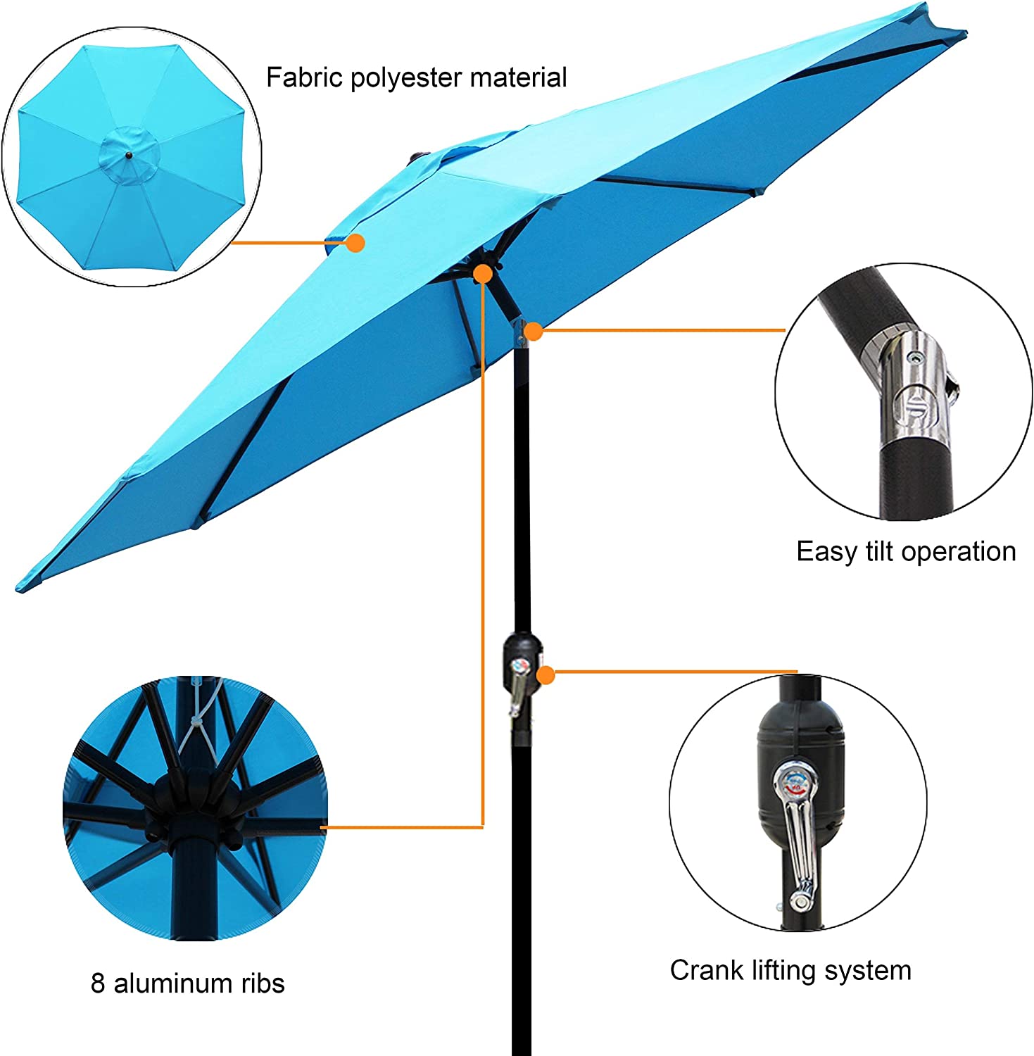 9' Outdoor Market Patio Umbrella with Push Button Tilt and Crank, 8 Ribs (Tan)