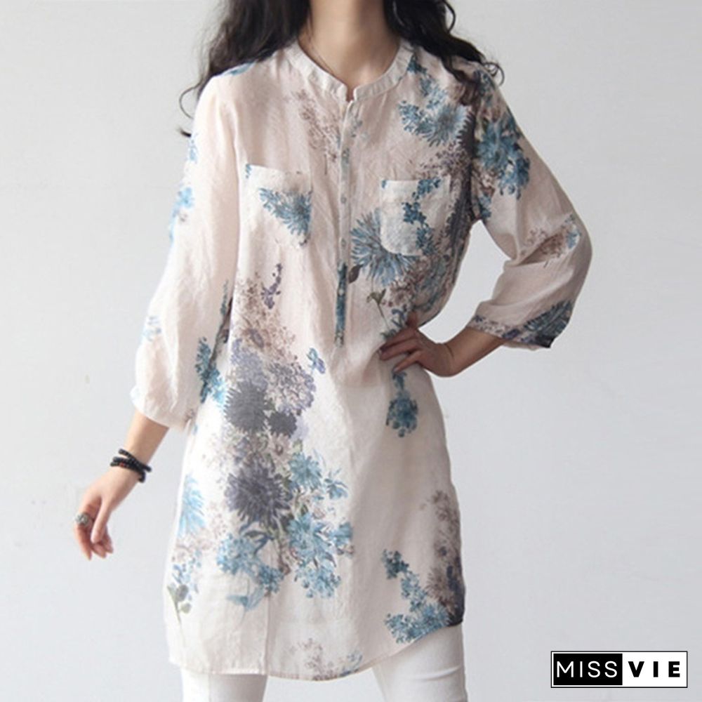 Vintage Women Floral Printed Casual Loose Tops Shirt Tunic Dress