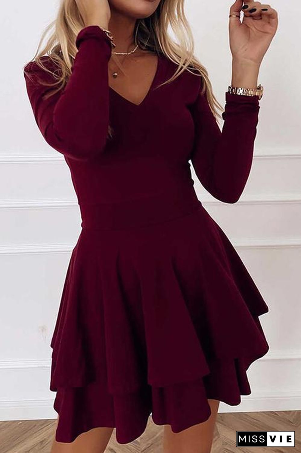 Layer V Neck Long Sleeve Dress