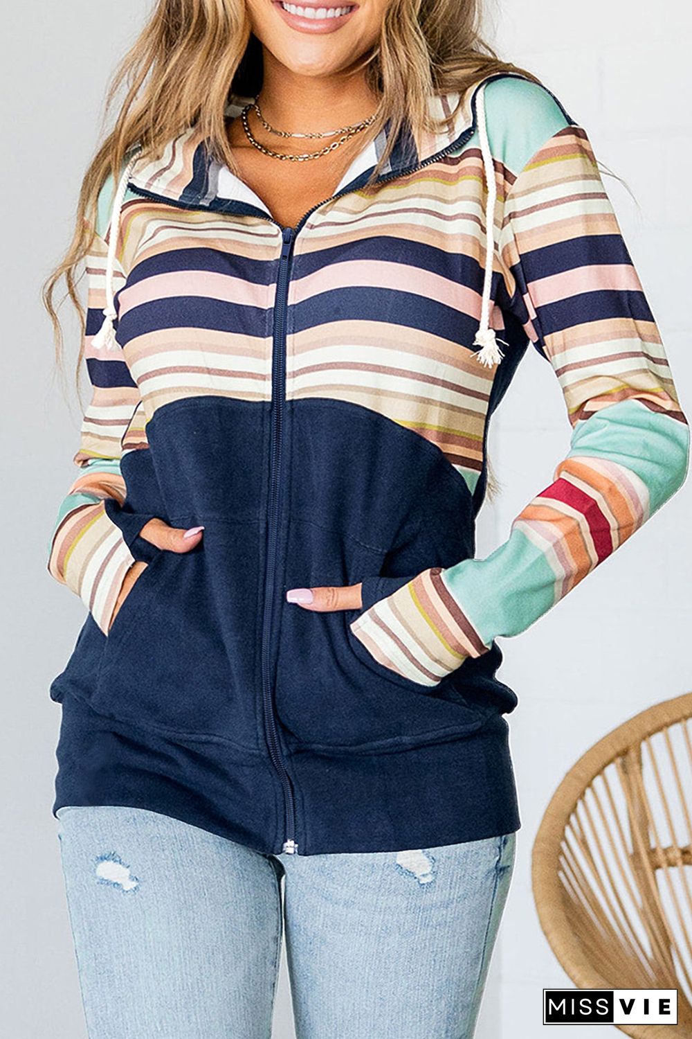 Blue Striped Color Block Thumbhole Sleeve Full Zip Hoodie