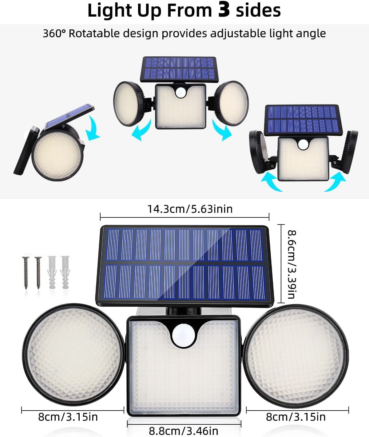 Ucgg Solar Wall Lights Outdoor， Motion Sensor 224 LED 1500Lm Solar Flood Lights 3 Adjustable Head 270° Wide Angle Lighting， IP65 Waterproof for Porch Yard Garage Pathway -1Pack