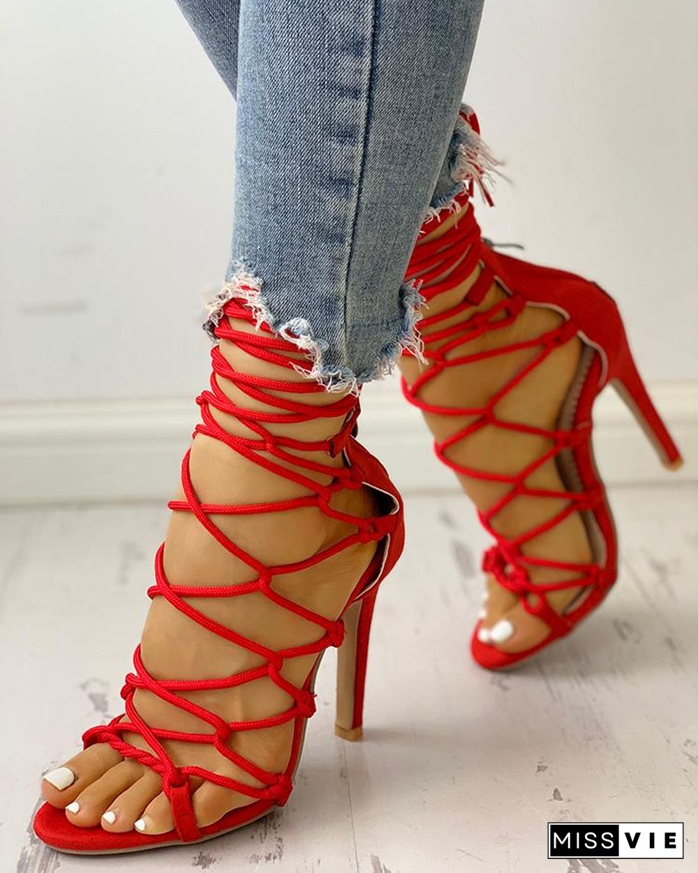 Hollow Out Lace Up Thin Heels Sandals