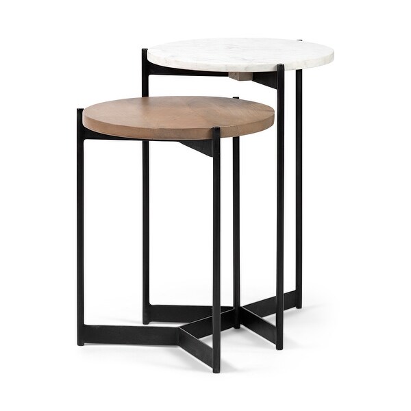 Larkin II Medium Brown Solid Wood and White Marble w/ Black Iron Frame Nesting End / Side Tables (Set of 2)