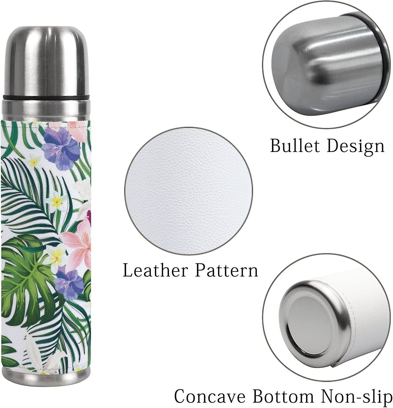 Insulated Mug Stainless Steel Water Bottle Tropical Hibiscus Flowers And Palm Leaves Vacuum Cup Travel Mug