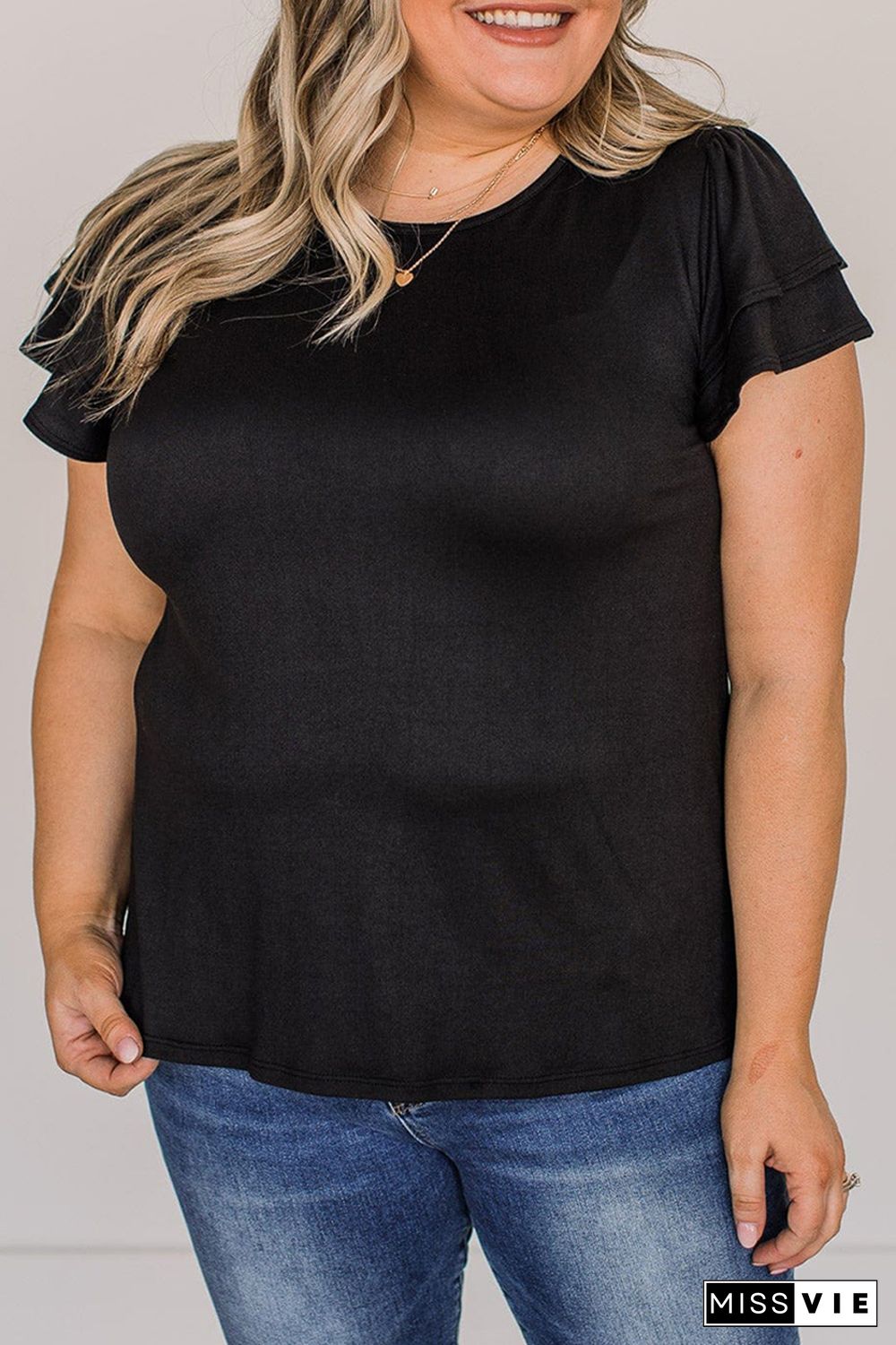 Black Plus Size Solid Color Ruffled Short Sleeve Top