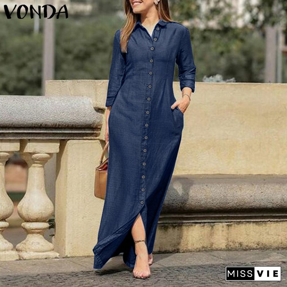 VONDA 3 Color Women Shirt Dress Spring Fall Long Sleeve Button Down Lapel Collar Midi Dress Plus Size Elegant Long Dress Kleid