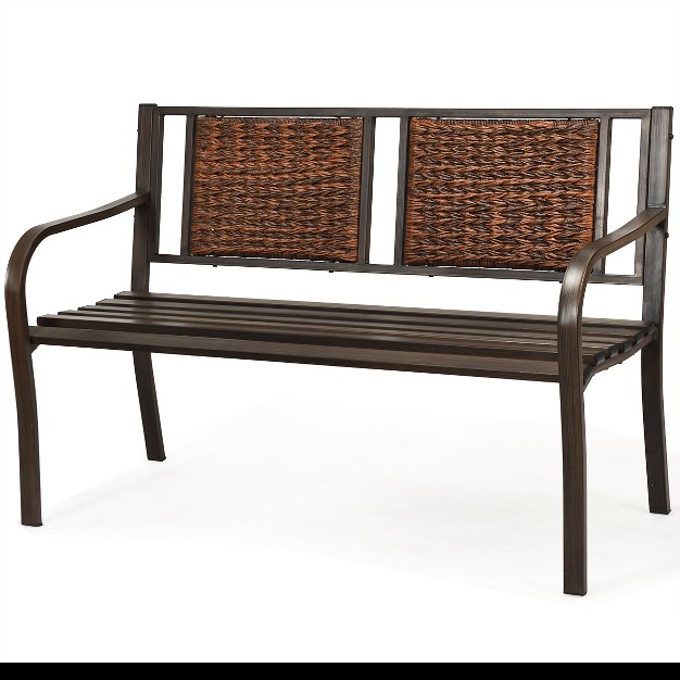 Tangkula Patio Garden Bench Rattan Backrest Park Bench Heavy duty Metal Chair Seat