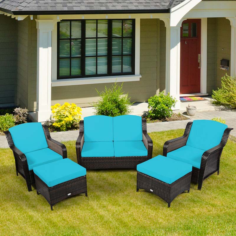 5 Pcs Rattan Wicker Patio Furniture Set with Loveseat, Single Sofas & Ottomans, Outdoor Conversation Sets