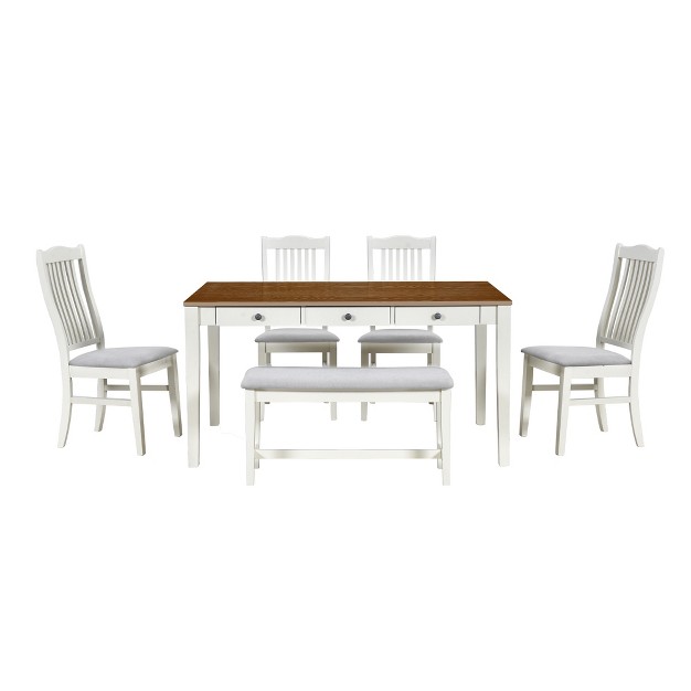 Mid century 6 piece Wooden Dining Table Set With Drawers Upholstered Chairs And Bench Modernluxe