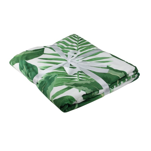 X 60 quot Tropical Leaves Plush Fleece Throw Blanket White green