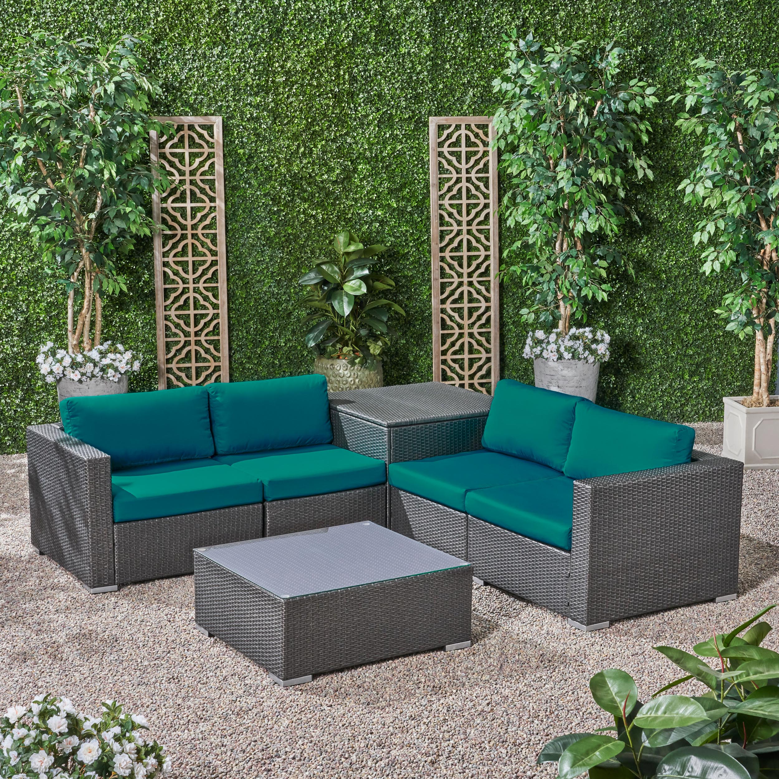 Kyra Outdoor 4 Seater Wicker Sofa Set with Storage Ottoman and Sunbrella Cushions