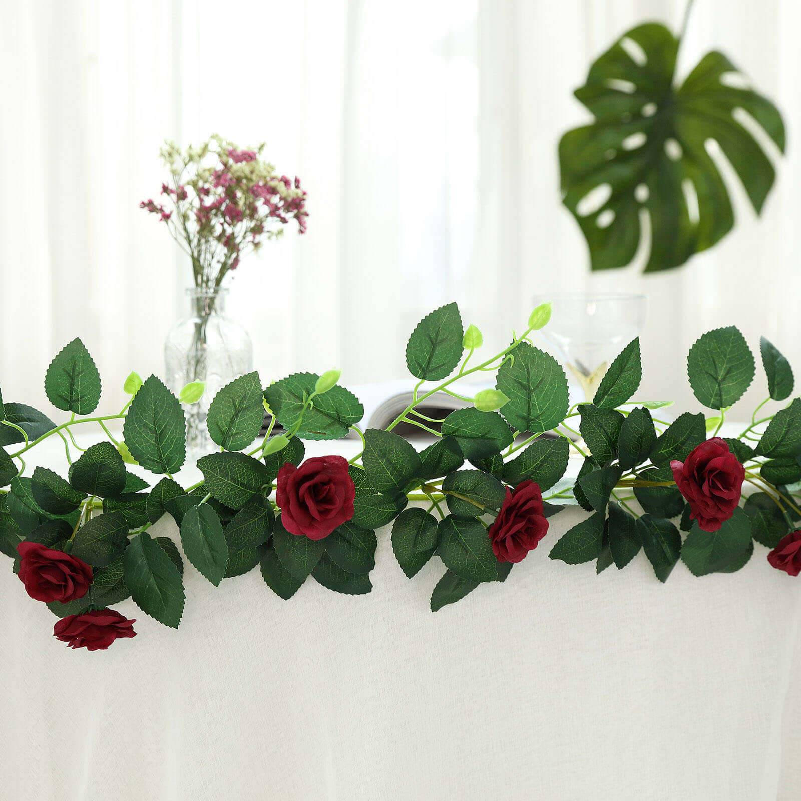 20 Burgundy Artificial Silk Roses Flower Garland, Hanging Vine 6ft