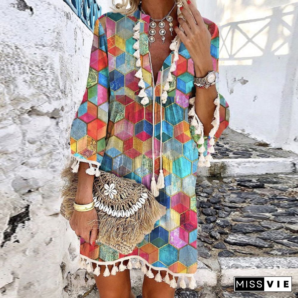 Vintage Flared Sleeve V-Neck Fringed Casual Dress Women Autumn Harajuku New Print Mini Dress Sexy Loose Boho Party Dress Vestido