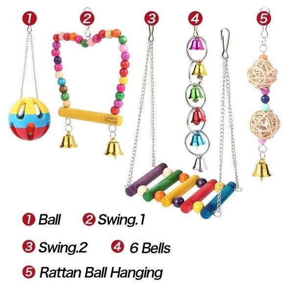 5 Packs Bird Swing Chewing Toys Parrot Toy Bird Cage Bell String Swing Bite Toys Parrot Hammock Bell Toys Bird Cage Hanging Toy with Wood Beads for Parakeets Cockatiels Conures Finches Budgie