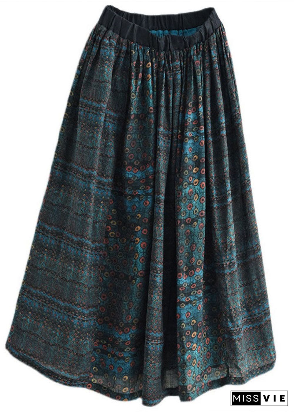 Elegant Green Elastic Waist Print Patchwork Linen Skirts Fall