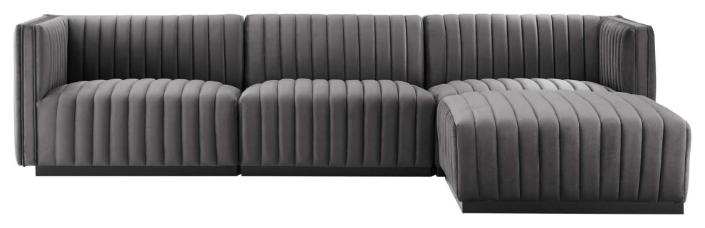 Conjure Channel Tufted Performance Velvet 4 Piece Sectional  Black Gray   Transitional   Sectional Sofas   by First of a Kind USA Inc  Houzz