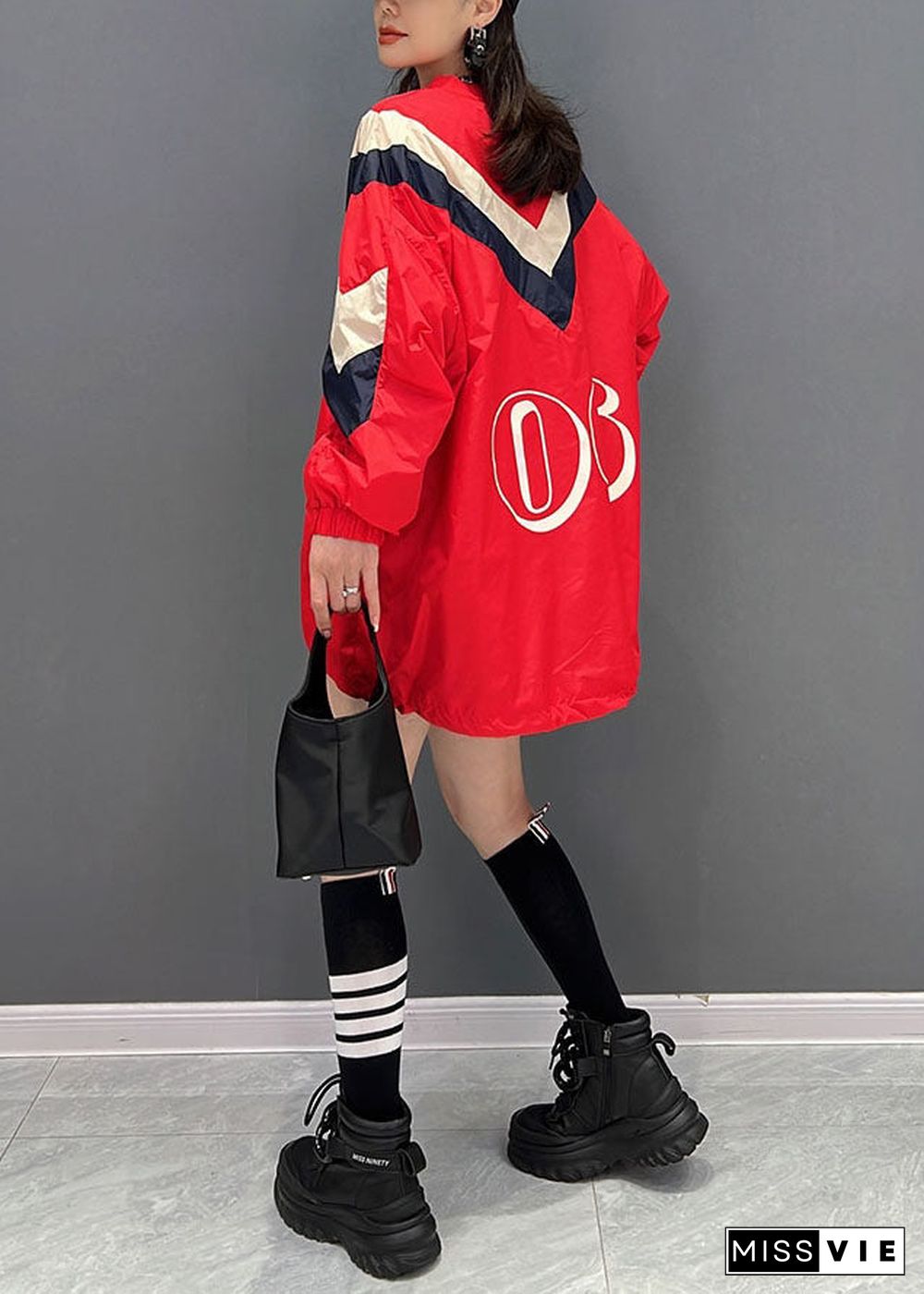 Stylish Red Oversized Pockets Drawstring Print Sweatshirts Top Fall