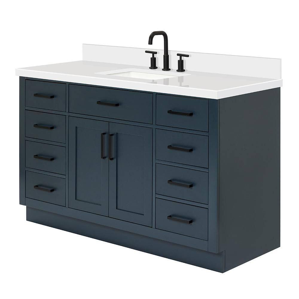 ARIEL Hepburn 55 in. W x 22 in. D Bath Vanity in Midnight Blue with Pure Quartz Vanity Top in White with White Basin T055SWQRVOMNB