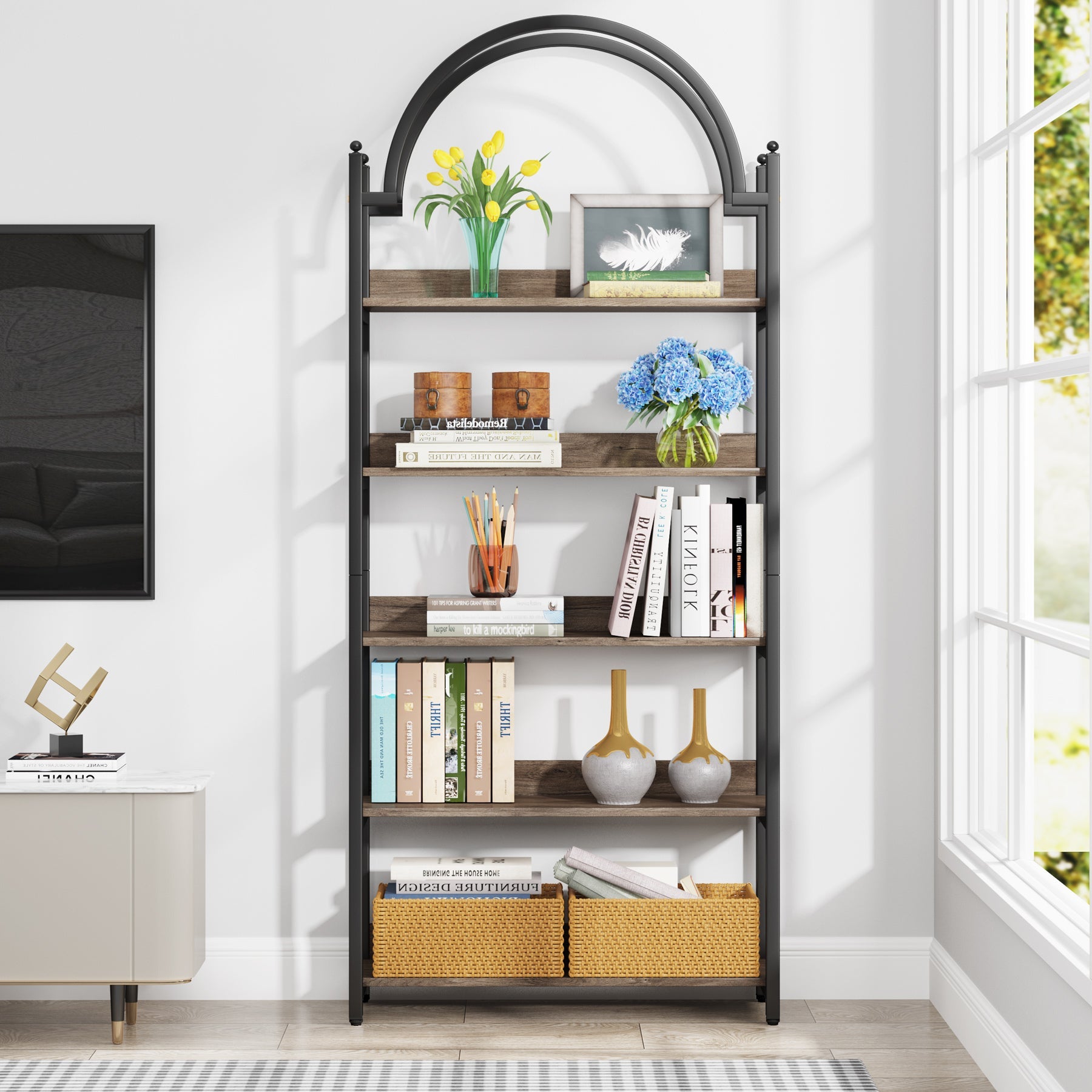 5-Shelf Bookshelf, 72.44 Arched Etagere Open Bookcase