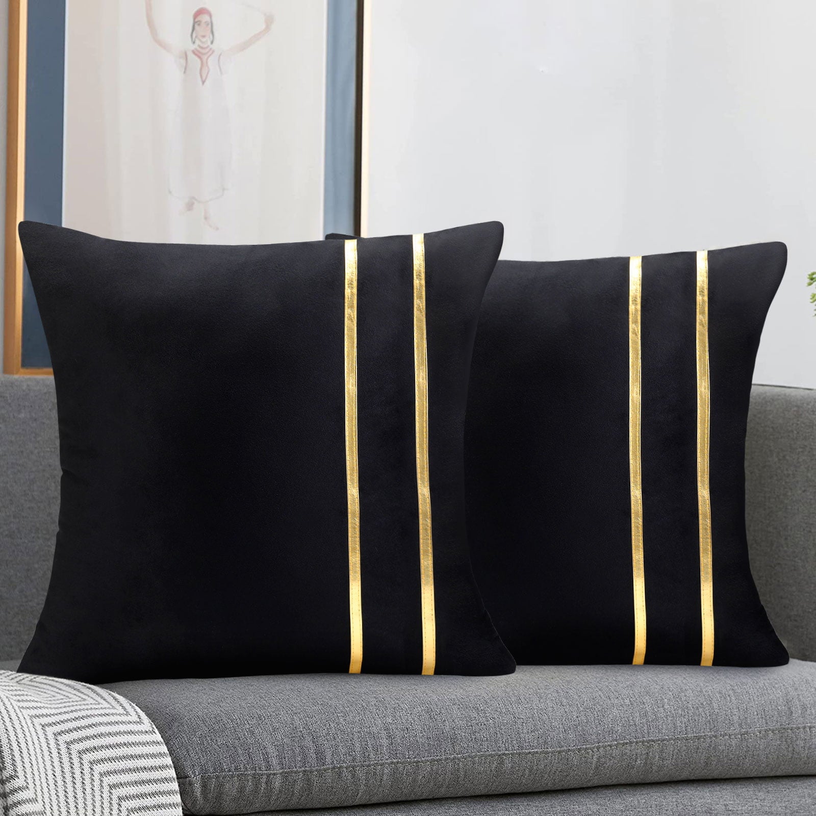 Black Velvet Pillow Covers 18 x 18 inch Modern Luxury Decorative Square Pillow Cases Gold Striped Leather Sewing Geometric 2 Pack