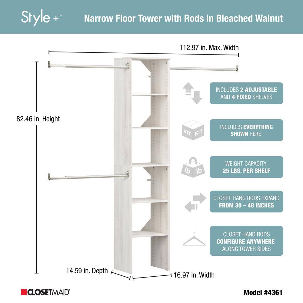 ClosetMaid Style+ 72 in. W - 113 in. W Bleached Walnut Narrow Wood Closet System 4361