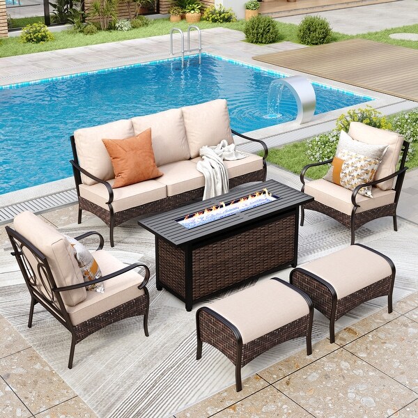 MAISON ARTS 4/6Piece HeavyDuty Oversized Metal Conversation Set with Fire Pit Table，3Seat Sofa，Swivel Chairs，Ottoman(s)