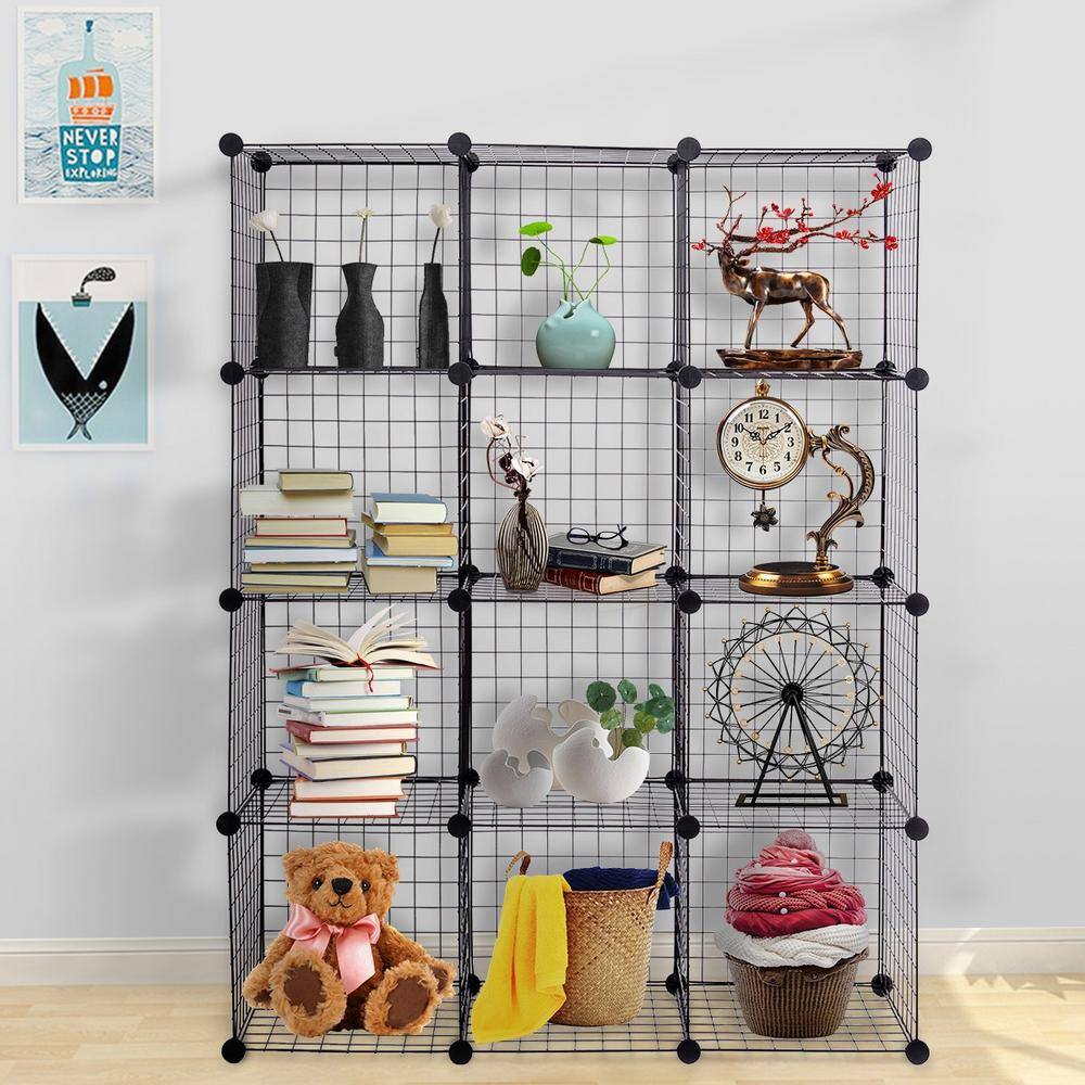 Boyel Living 14 in. W x 14 in. H x 14 in. D Black DIY 12 Cube Grid Wire Cube Shelves Shelving Unit HYSN-56103