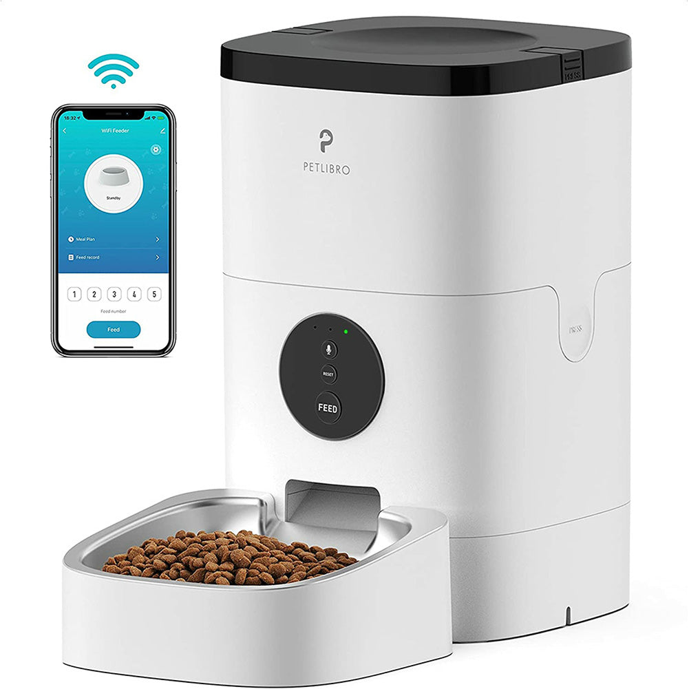 Automatic cat feeder， timed cat feeder with desiccant bag for dry pet food， programmable portion control from 1 to 4 meals per day and 10S voice recorder for cats and dogs Wifi.