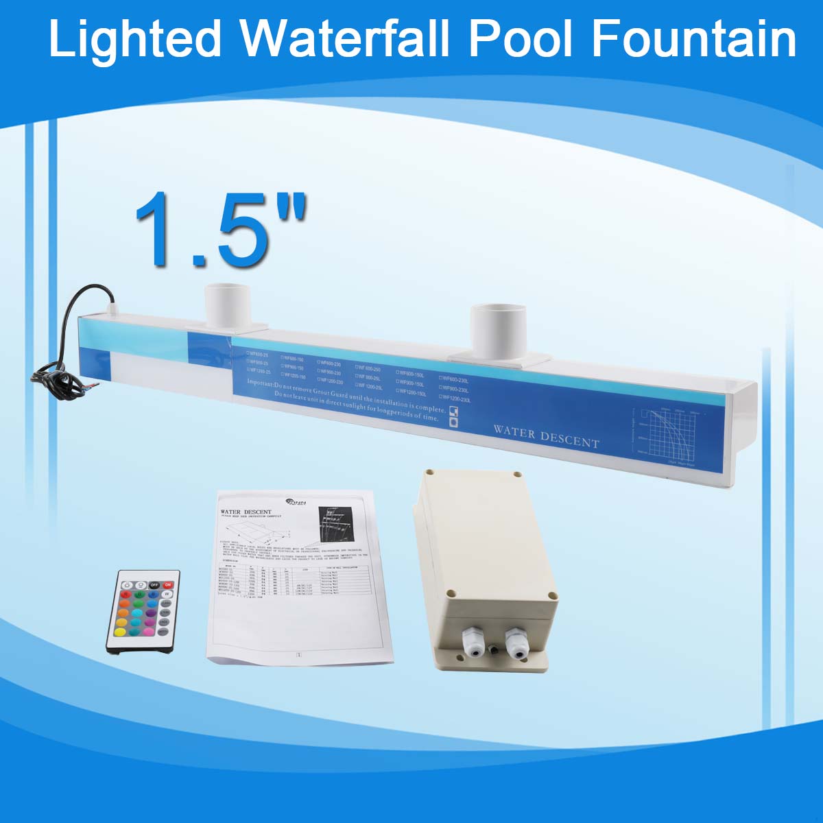 SUDEG Pool Fountain with LED Strip Light Rectangular Pool Waterfall Spillway for Garden(47.5 x 5.4 x 3 inch)