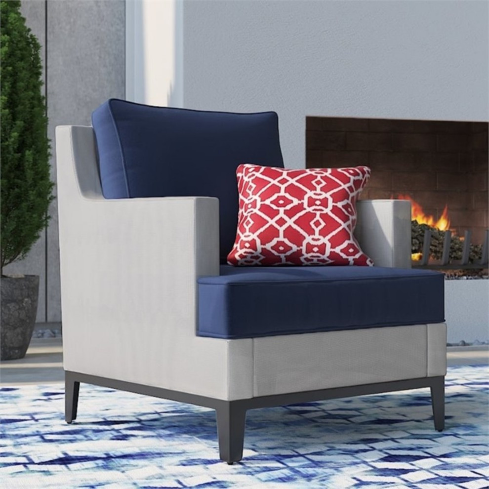 Home Square 2 Piece Outdoor Mesh Chair Set with Cushions White and Navy   Transitional   Outdoor Lounge Chairs   by Homesquare  Houzz