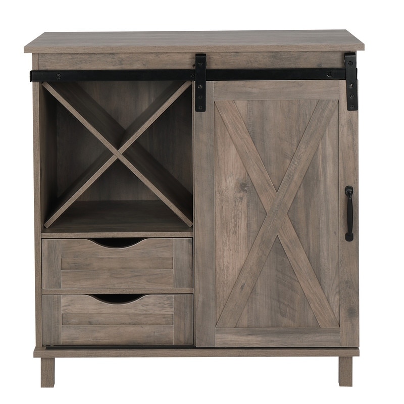 Wooden Cabinet Sideboard Dining Buffet with Drawers  X Shaped 4 Wine Rack Gray