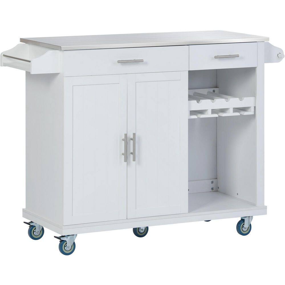 Nestfair 51 in. W White Kitchen Island with Stainless Steel Top and Storage Cabinet CKK5114W