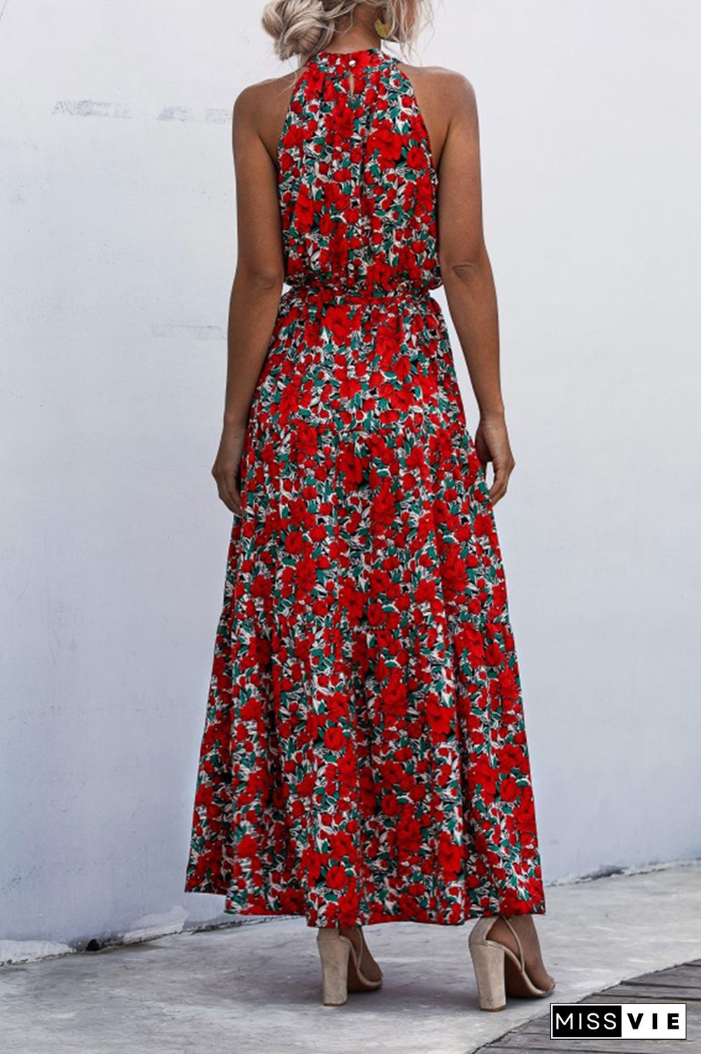 Halter Polka Dot Print Tie Waist Maxi Dress Wholesale