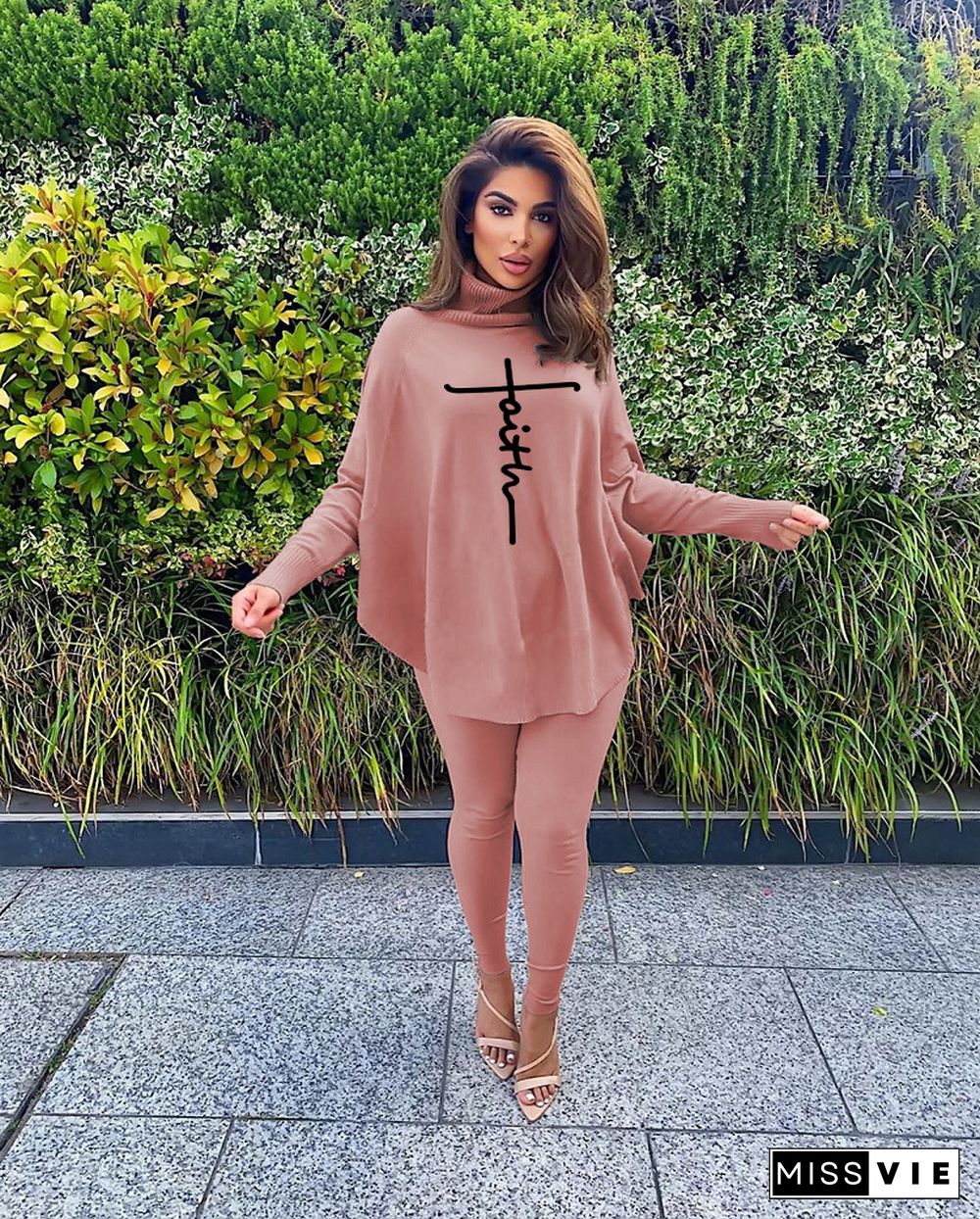 Letter Print Bat Sleeve Slit Long-sleeved Threaded Pants Suit