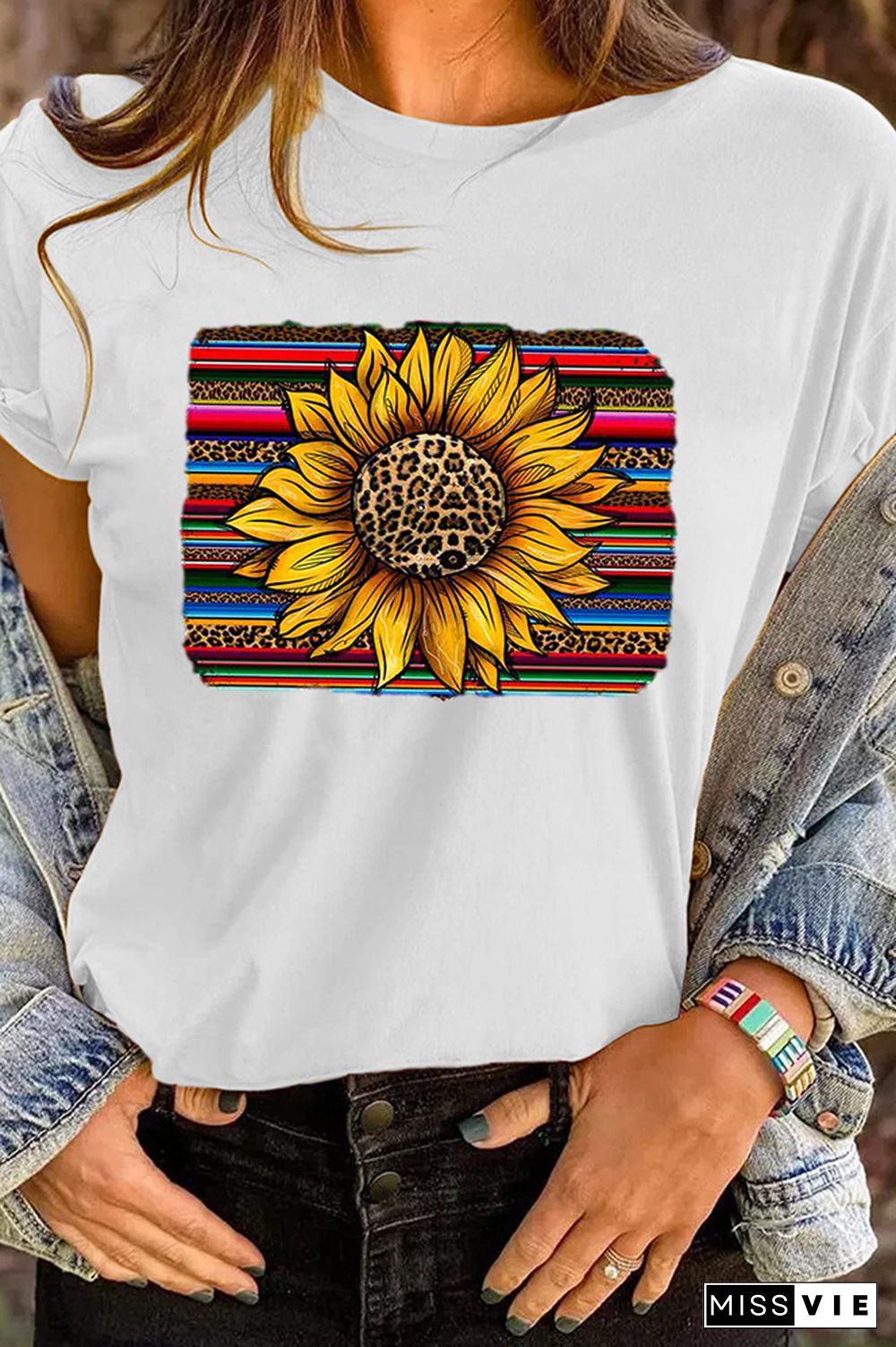 Leopard Sunflower Print Graphic Tees for Women Wholesale Short Sleeve T shirts Top