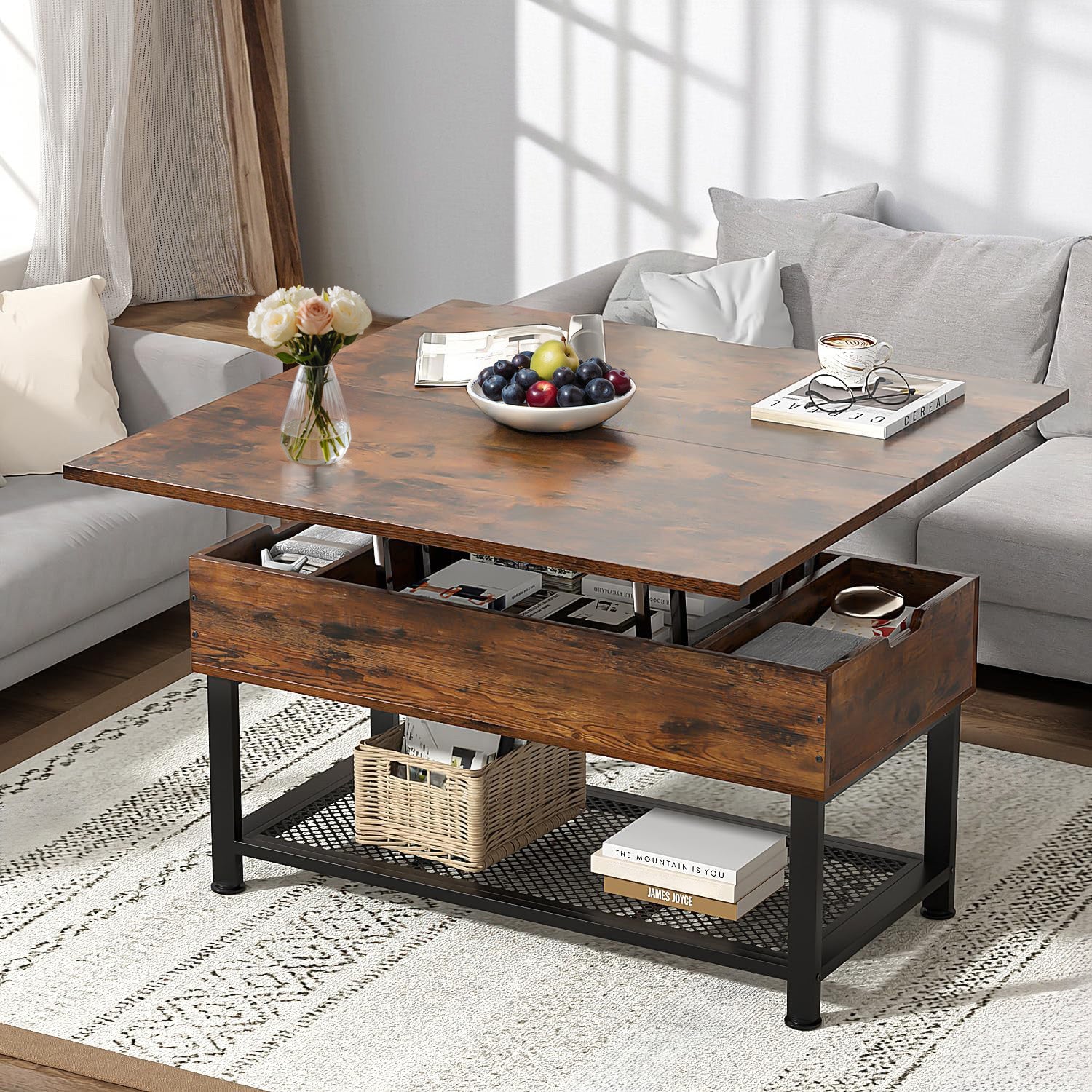 Coffee Table with Lifting Top Modern Lift Dining Table with 4 Storage Spaces