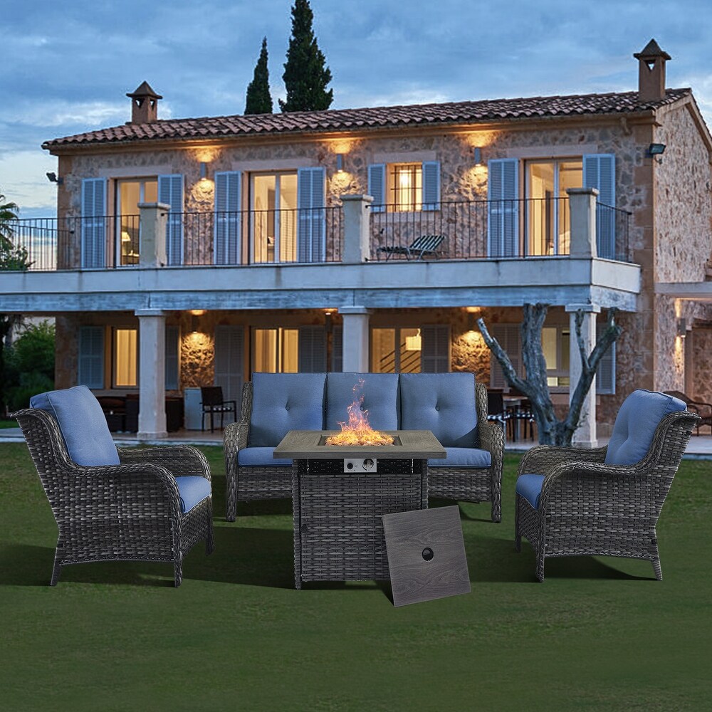 Patio Outdoor Wicker Sofa Set with Fire Pit Table