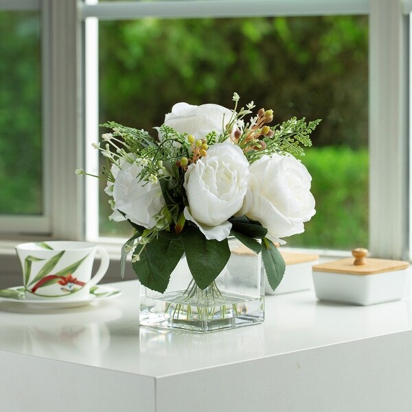 Mixed Peony Artificial Flowers in Vase with Faux Water，Silk Flower Arrangements in Vase for Home Decor，Wedding Table