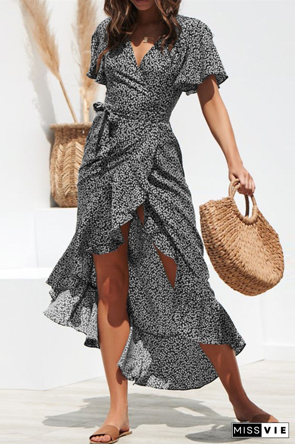 Elegant Print Frenulum Flounce V Neck Irregular Dress Dresses